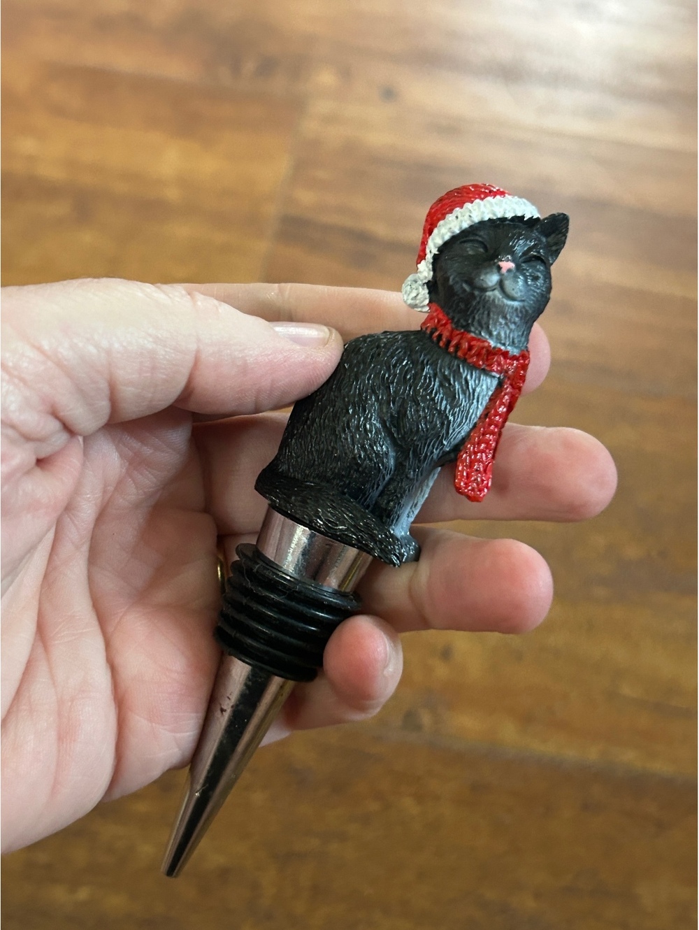 Festive Black Cat Wine Bottle Stopper with Santa Hat and Scarf